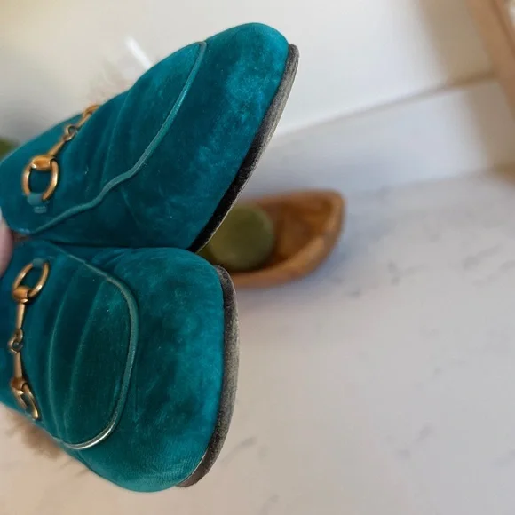 Gucci Princetown Fur Mules Color Teal Velvet Horsebit Slides Womens Size 36.5 - Picture 5 of 16